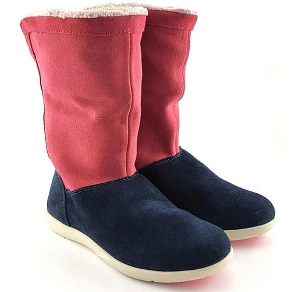 Crocs Adela Women's Foldover Fuzz Leather  Pink Boots Poppy Stucco Navy Size 6 - Picture 2 of 15